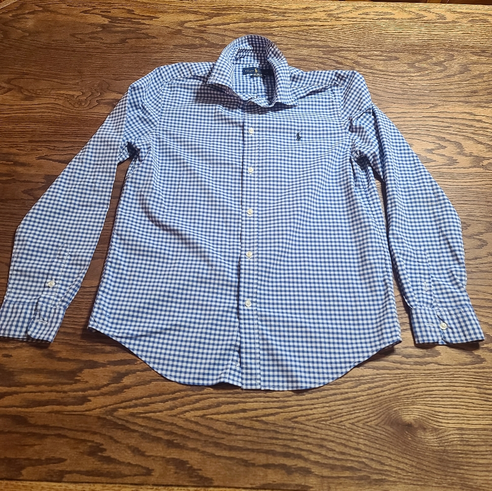 EUC Ralph Lauren Performance  blue gingham long sleeve  button up  boys xl 18-20